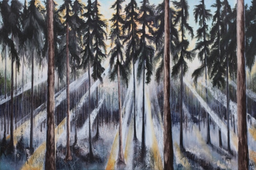 «L'histoire d'une forêt boréale» 24x36, acrylique, collage de papier, 2018, 800$ CAN